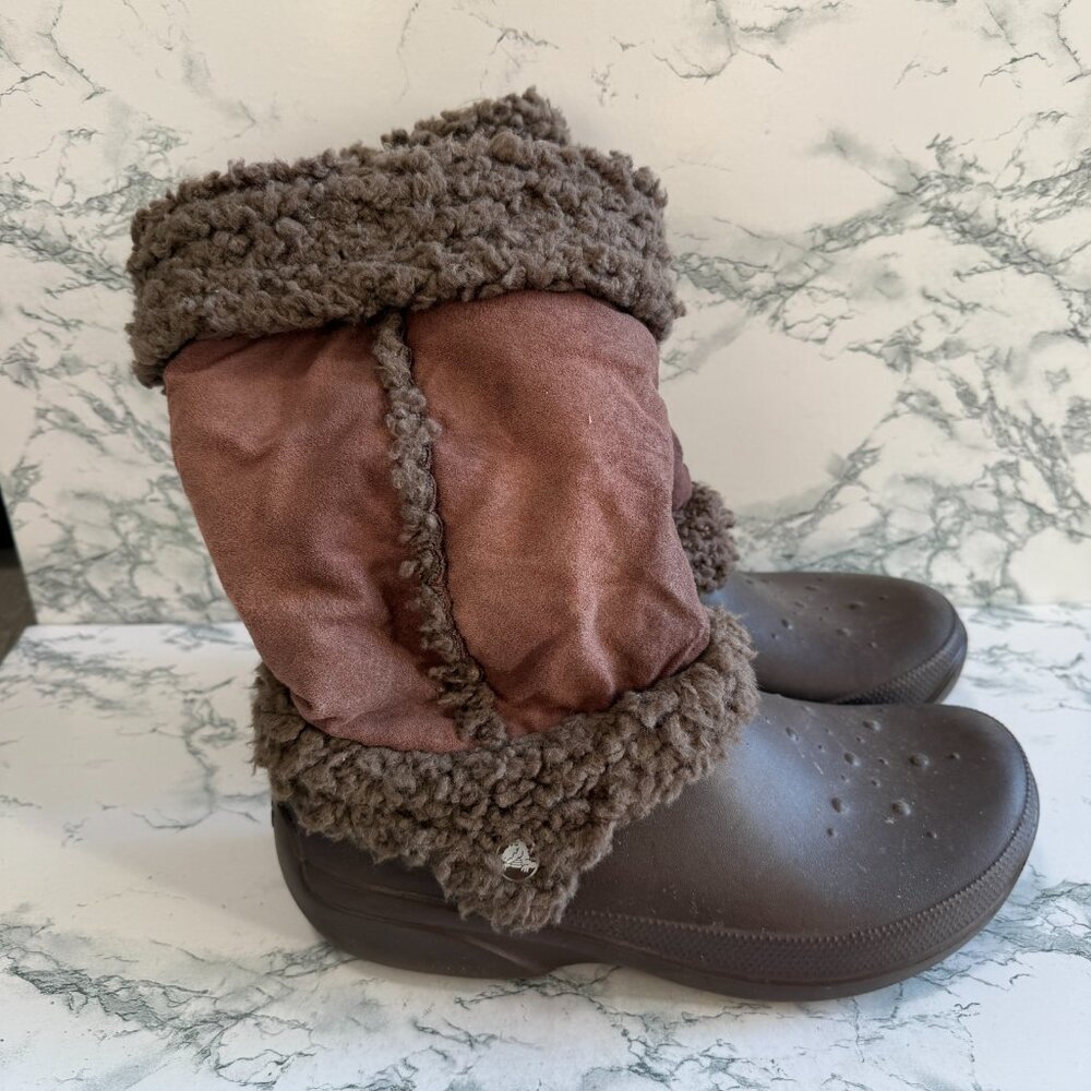 Crocs Women 11 Faux Fur Boots Nadia Brown Rubber Mid Calf Soft Warm Winter Shoe